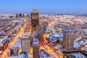 Snowstorm view from Prudential Tower at dusk in downtown Boston.